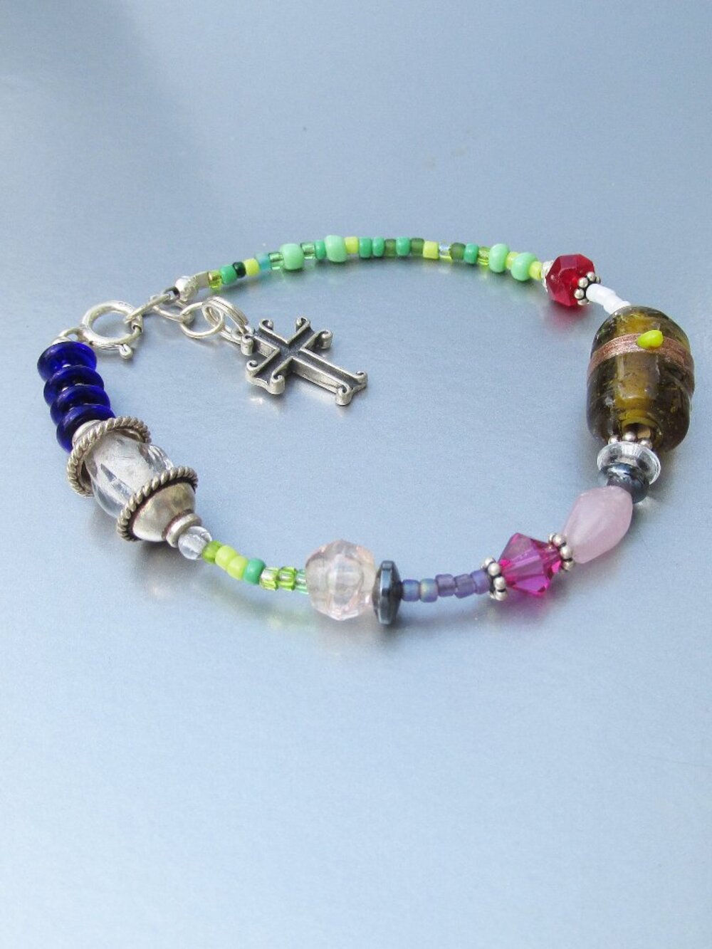 Artisan Crystal & Glass Bead Sterling Silver CROSS Charm Bracelet